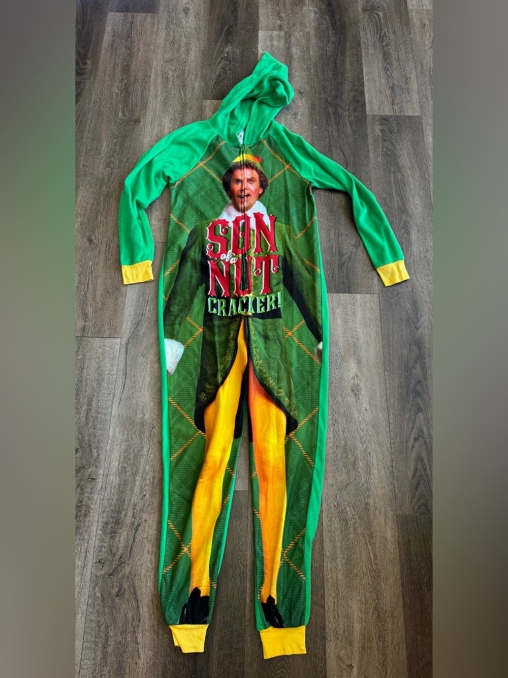 ELF Green and Yellow Adult One-Piece Hooded Zip Up Pajamas Size Medium